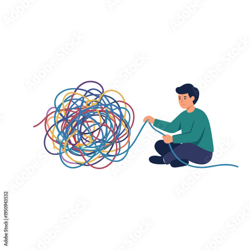 A man sits on the floor unravelling a large colourful tangled ball of wires