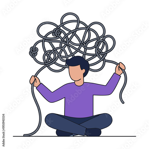 Person sitting cross-legged holding tangled wires on head
