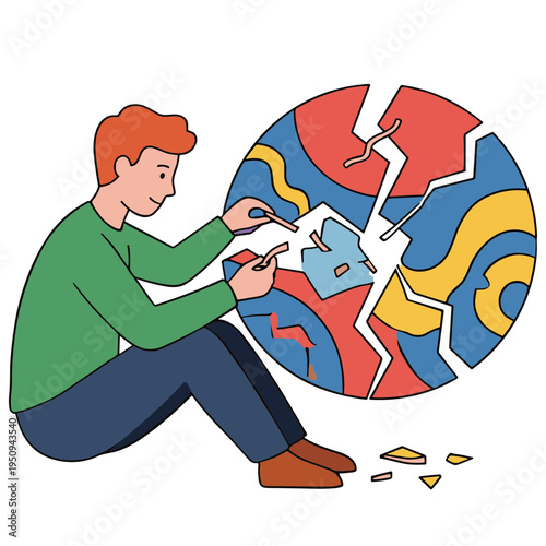 A man fixing a broken puzzle piece on a colorful jigsaw puzzle