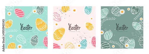 Set of Happy easter banner background with typography Cute hand drawn easter eggs spring time nature, fun easter decoration. Horizontal poster, greeting card.