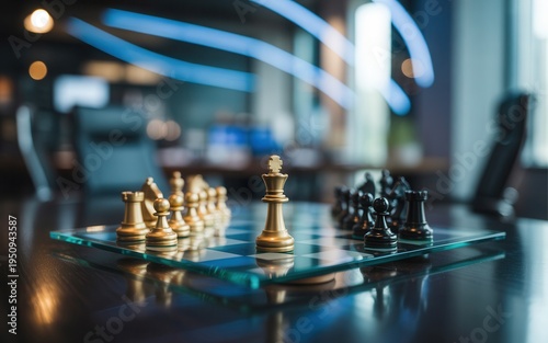 Glass chessboard with gold and black pieces on modern office desk