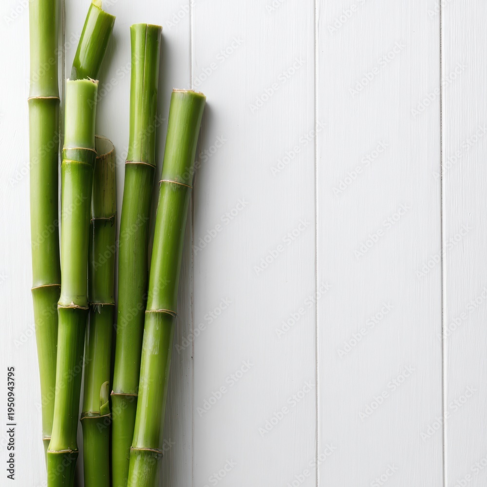 Fototapeta premium Green bamboo stems arranged on white wooden background, top view with copy space