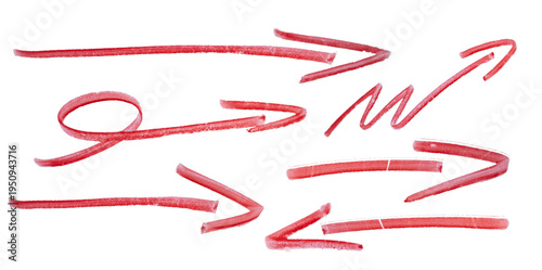 hand drawn red marker arrow set PNG  isolated with clipping path on background. marker drawn arrows, swirls and scribbled shapes. curvy directional pointers on white background.