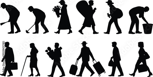 Collection of diverse people silhouettes showing daily activities including walking, working, traveling, shopping, cleaning and gardening isolated on white background for design use