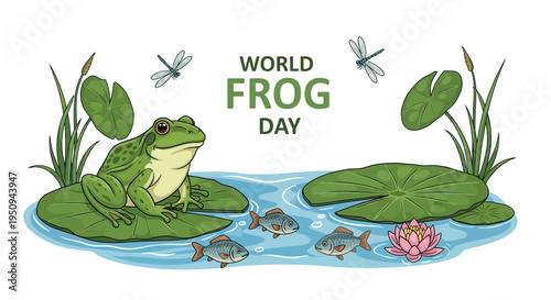 Illustration of a green frog on a lily pad in a pond with fish and a pink flower, surrounded by water lilies and dragonflies, promoting World Frog Day with a natural and serene mood.