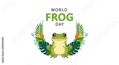 Vector illustration of a green frog surrounded by tropical leaves and water droplets on World Frog Day, promoting amphibian conservation awareness with a natural and earthy tone.