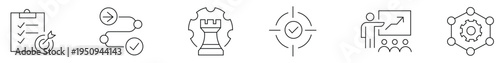 Strategy icon, Roadmap icon, Target icon, Chess rook icon, Gear icon, Training icon, Presentation icon, Process icon, Goal icon, Performance icon, Set