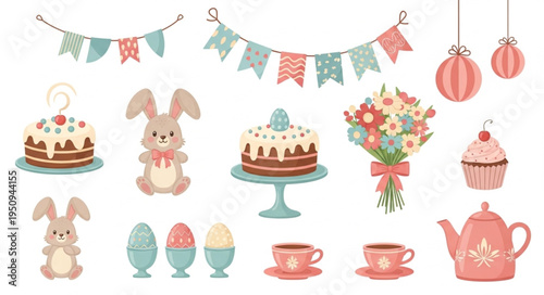 Easter Celebration Elements Collection Cute Bunnies Cakes and Decorations.