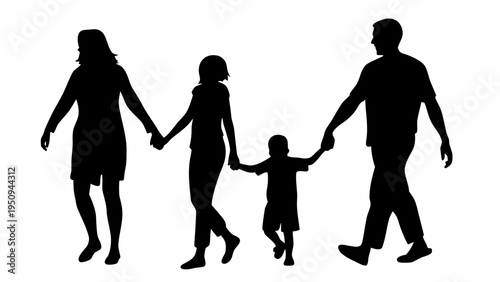Family walking hand in black silhouette lifestyle scene vector graphic
