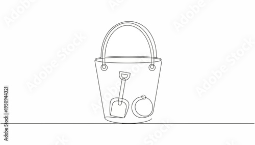 Beach Bucket with Shovel and Mold - Simple Line Art Drawing