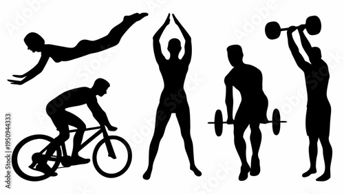 Collection of fitness silhouettes exercising with cycling swimming yoga and weights
