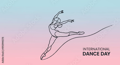 Ballerina dancing in mid air on international dance day with colorful gradient background