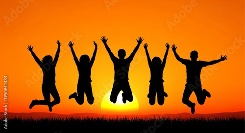 Group of friends jumping with joy at sunset.