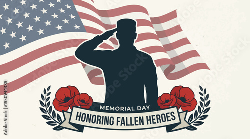 Memorial Day saluting soldier silhouette with poppies and flag