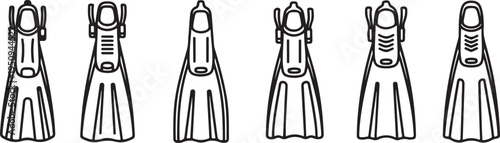 Various styles of full foot scuba diving fins displayed in a row Vector