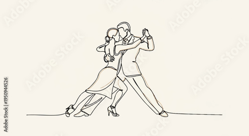 Couple dancing tango romantic pair in elegant dress dynamic movement line art style illustration
