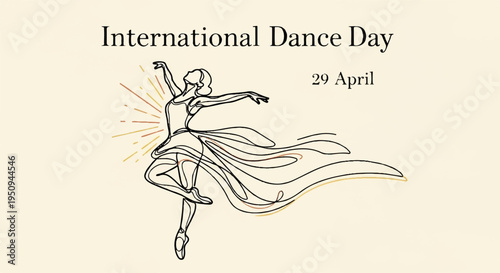 Dancer celebrates international dance day on april 29 with elegant movement and joyful expression in a simple line drawing