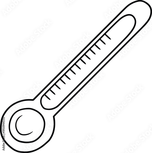 Vector line art illustration of a medical thermometer, fever measurement tool, healthcare equipment, body temperature check icon, and clinical instrument.