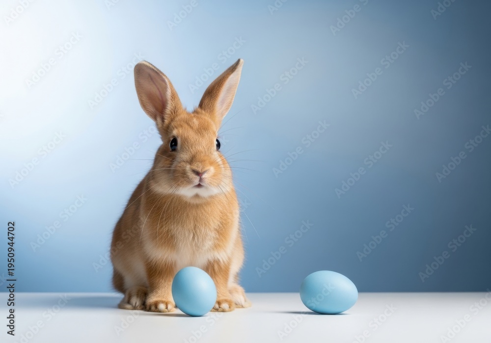 Obraz premium Brown bunny with blue easter eggs on a white table against blue background