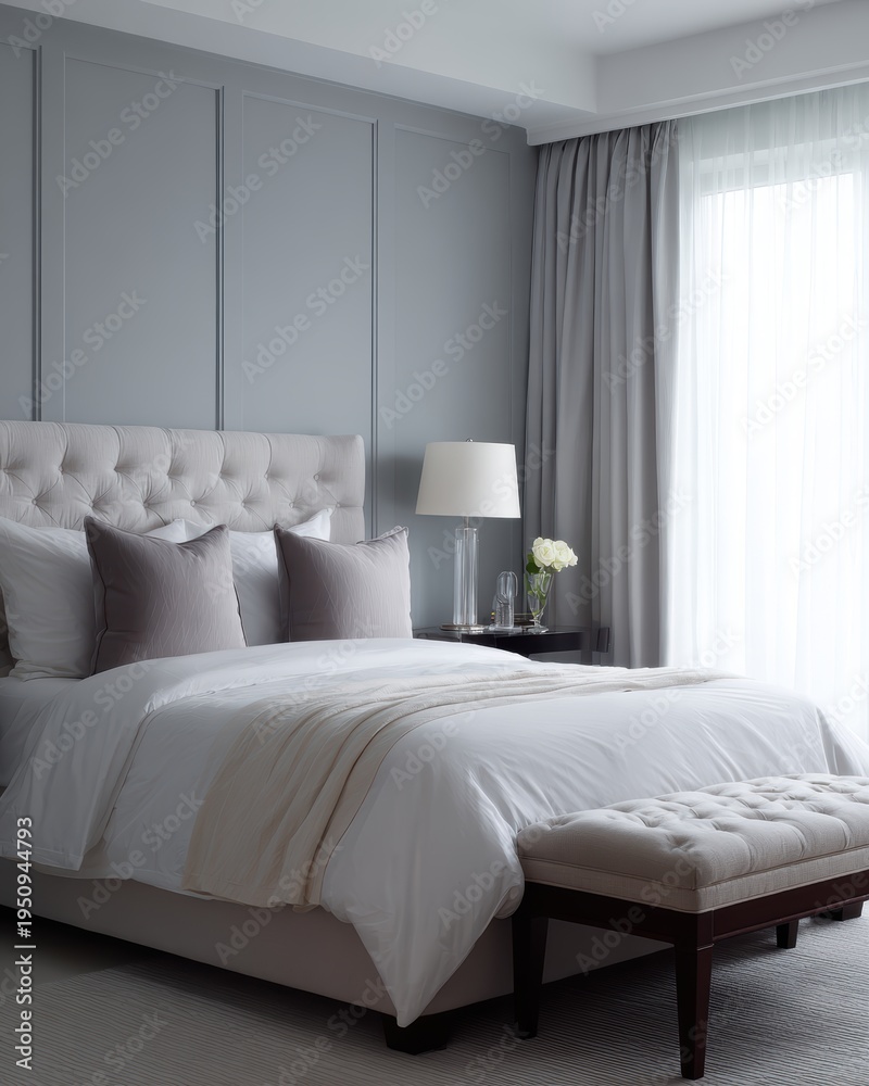 Obraz premium Stylish bedroom interior with large bed and elegant decor