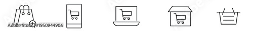 Shopping Bag Add, Mobile Shop, Laptop Shopping, Online Store, Market Basket, E-commerce App, Digital Purchase, Retail, Black Line Icons, Web, Vector Art