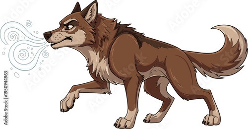 Aggressive Brown Wolf Cartoon Character Blowing Strong Gust of Wind or Hiding and Huffing and Puffing for Fairytale Concept Illustration