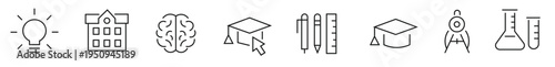 Idea Bulb, School, Brain, Graduation Cap, Stationery, Online Degree, Compass, Lab Flask, Education, Science, Creative, Black Line Icons, Study, Vector