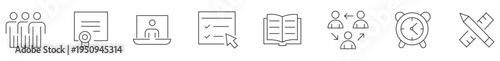 Team, Certificate, Webinar, Checklist, Open Book, User Exchange, Alarm Clock, Ruler Pencil, Education, Management, Study, Black Line Icons, Vector Art