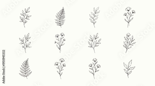 A collection of various botanical line drawings.