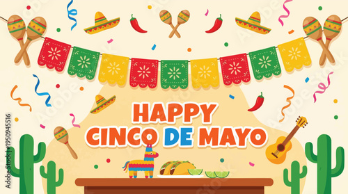 Happy Cinco de Mayo banner with pinata tacos and maracas