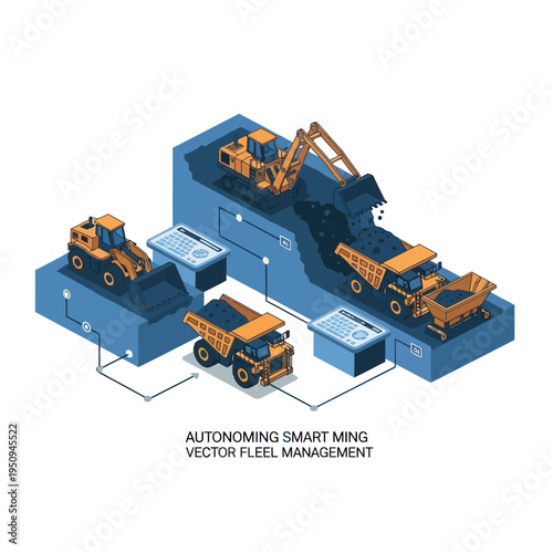 Autonomous mining fleet management system with excavators and dump trucks operating in a smart mine.
