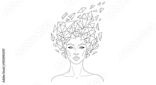 Abstract Woman Portrait, Geometric Hair, Polygonal Style, Line Art, Black and White