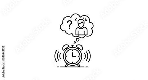 Alarm clock ringing with question mark and confused person in thought bubble, concept of waking up and uncertainty