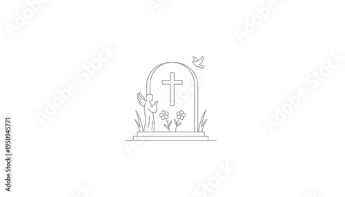 Angel and Dove at Gravestone with Flowers, Religious Symbolism, Peaceful Farewell