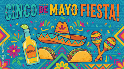 Cinco de Mayo Fiesta banner with tequila tacos and sombrero