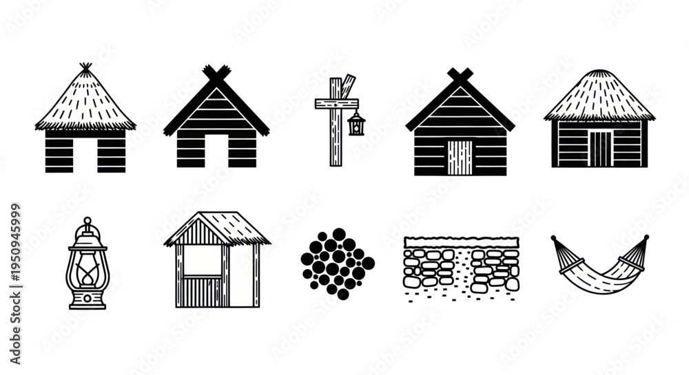 Fototapeta premium Outdoor Living Rustic Village Elements Black and White Line Art Icons