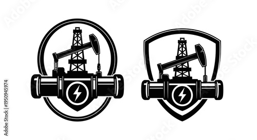 Monochrome Oil and Gas Energy Emblem with Pump Jack, Derrick, Pipeline, and Power Bolt