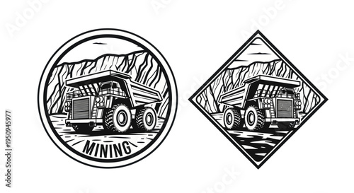 Vintage Mining Haul Truck Emblem Logo Design - Black  White Line Art