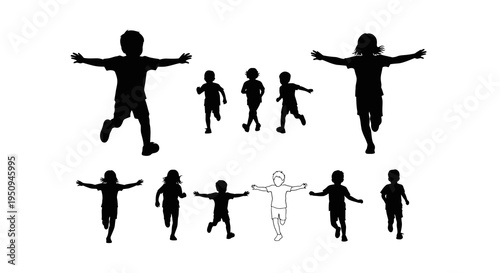 Black and White Vector Silhouettes of Children Playing and Running - Childhood Lifestyle