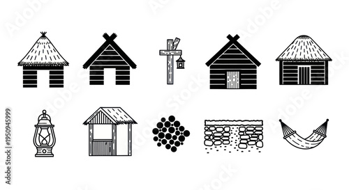 Outdoor Living Rustic Village Elements Black and White Line Art Icons