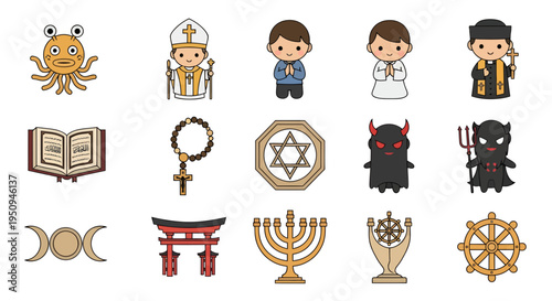 Religious Symbols Vector Illustration, Flat Design for Spirituality and Faith Concepts