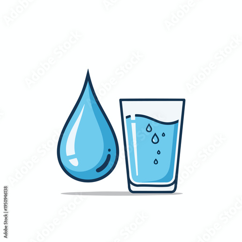 Large blue water drop next to a glass filled with clear, bubbly liquid