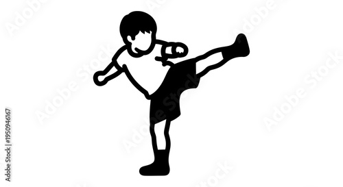 Black and White Line Art of a Kid Doing a High Kick