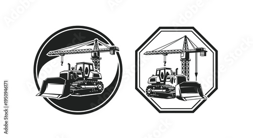 Construction Crane and Bulldozer Black and White Vector Art