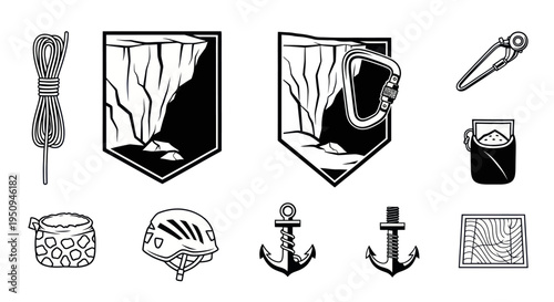 Climbing gear icons: rope, helmet, carabiner, chalk bag, cliff, anchors, map