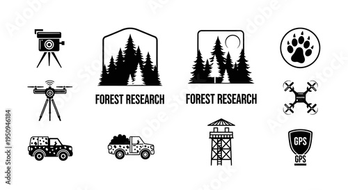 Forest Research Icons: Drone, Camera, Truck, Tower, Paw Print, GPS