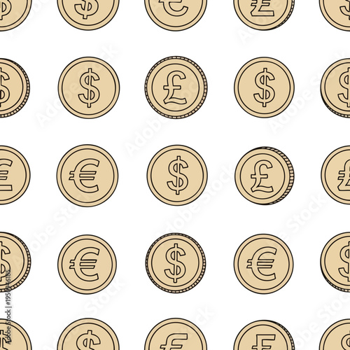 A repeating pattern of gold coins with dollar, euro, and pound symbols