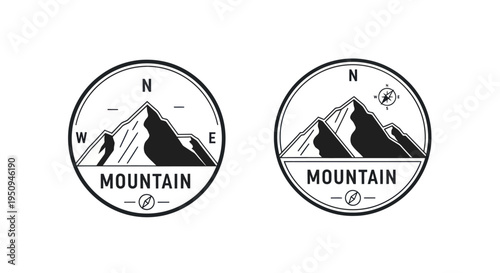 Black and White Mountain Logo with Compass, Adventure, Outdoors