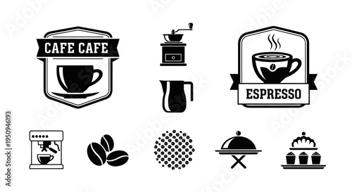 Black and White Coffee Icons Set - Cafe, Espresso, Beans, Grinder, Machine