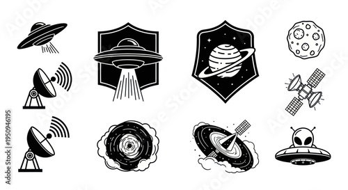 Black and White Space and Alien UFO Icons